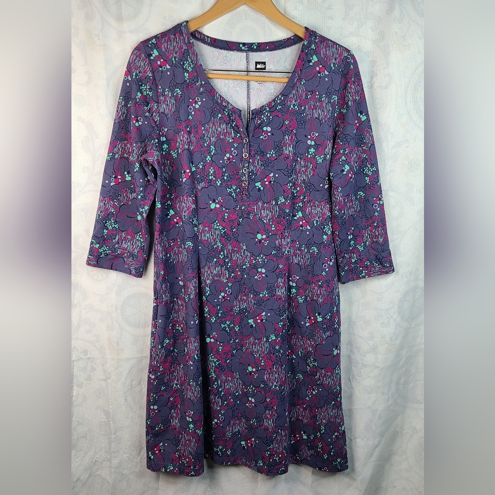 REI purple floral cotton blend three-quarter length sleeve dress size Large
